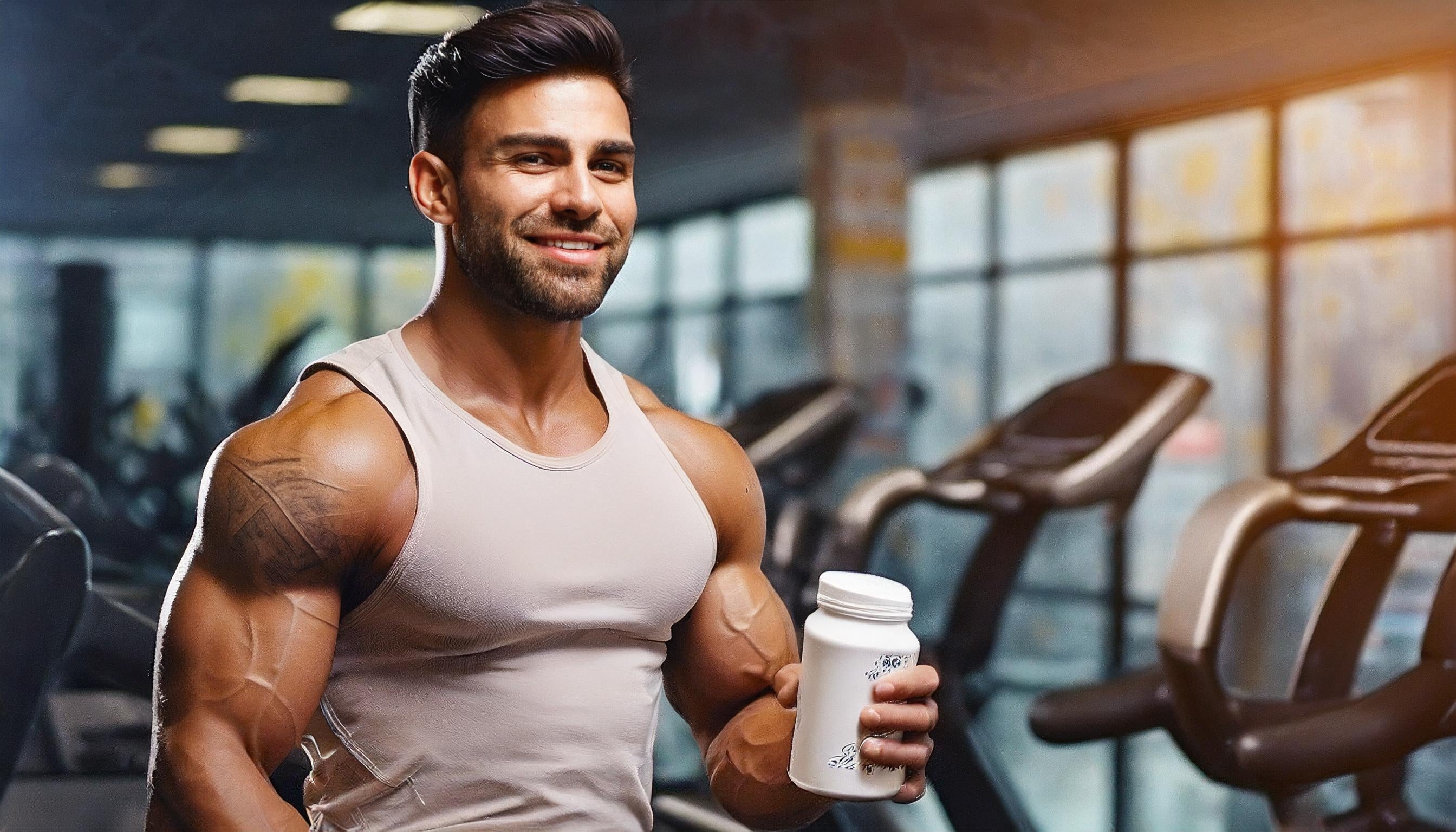 Homme bodybuilder tenant un booster dans la main